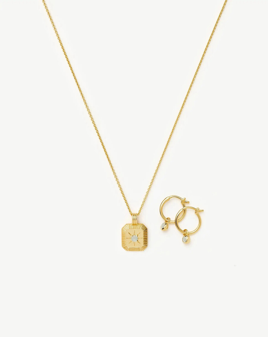 march birthstone necklace charm earrings set - gold