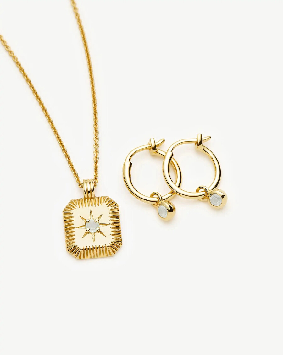 march birthstone necklace charm earrings set - gold