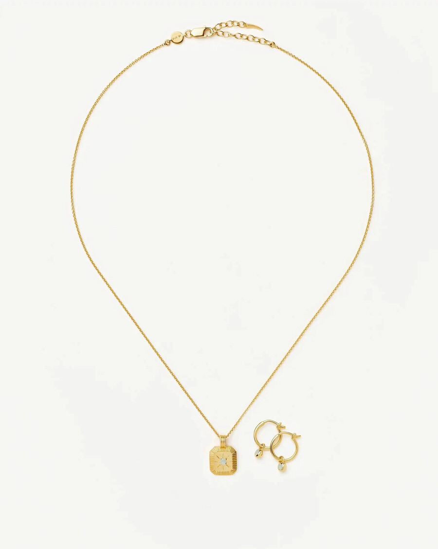 march birthstone necklace charm earrings set - gold
