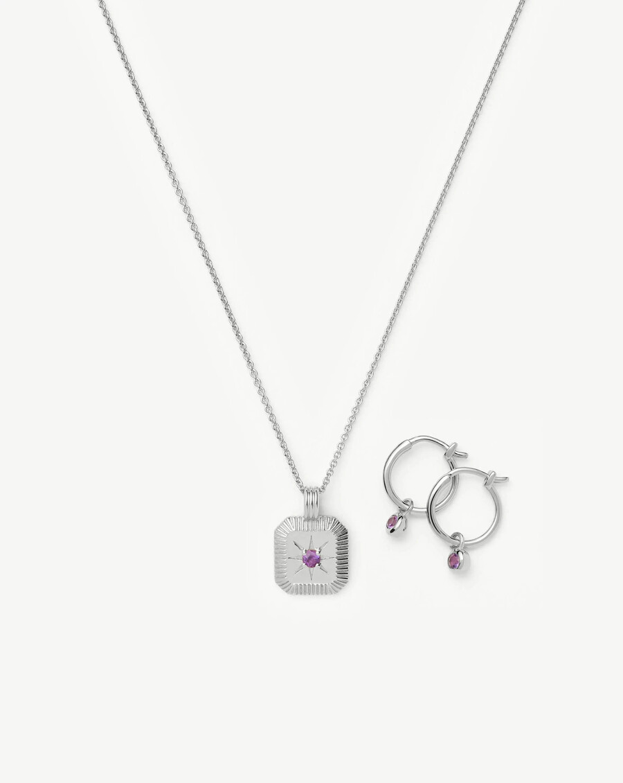 february birthstone necklace charm earrings set - silver