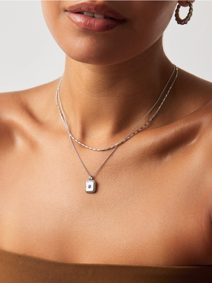 february birthstone necklace charm earrings set - silver