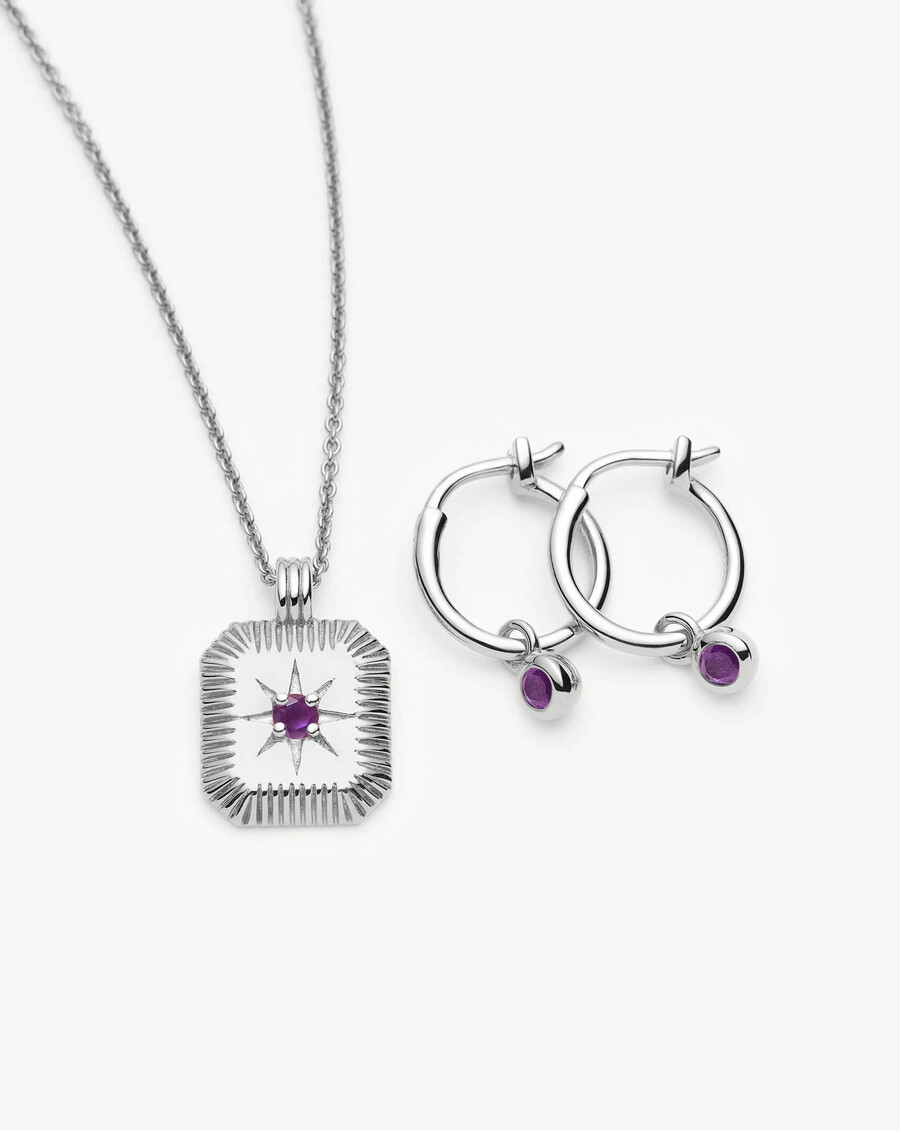 february birthstone necklace charm earrings set - silver